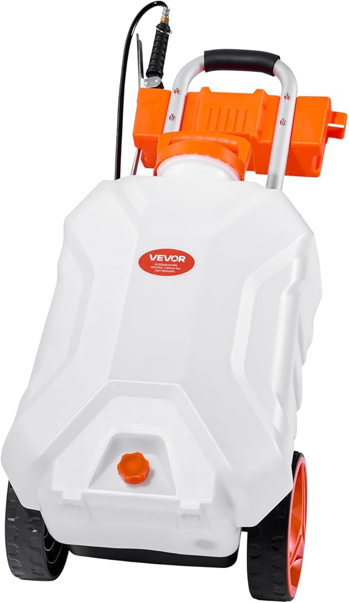 Battery-Powered Sprayer with Wheeled Cart, 10 Gallons Electric Weed Sprayer, Adjustable 0-80 PSI, Yard Lawn Sprayers with Wheels, 5 Nozzles & 98ft Hose, 3-6H Spray Time, for Weeding, Cleaning