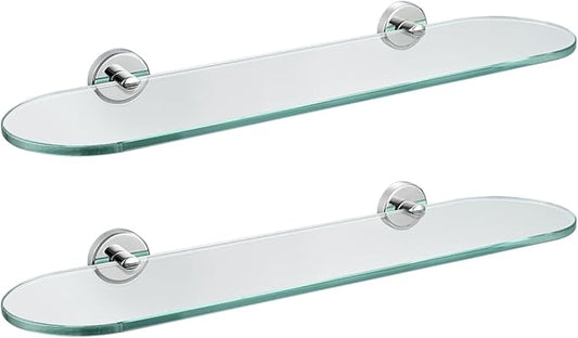 JQK Bathroom Glass Shelf, Floating Tempered Glass Shower Storage 20 by 5 inches, 304 Stainless Steel Polished Chrome Wall Mount 2 Pack 2 Pack, TGS121L20-CH-P2