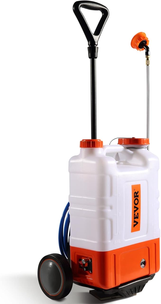 4 Gallon Battery Powered Backpack Sprayer with Wheeled Cart, Adjustable 0-94 PSI, 13FT Hose, 6 Nozzles, 2 Wands Included, Wide Mouth Lid for Weeding, Cleaning, Long Spray Time Without Fatigue