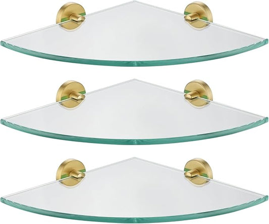 JQK Corner Glass Shelf 10.67 Inch, Brushed Gold Bathroom 304 Stainless Steel Shower Triangle Floating Wall Shelf Tempered Glass, 3 Pack TGS190L10-BG-P3