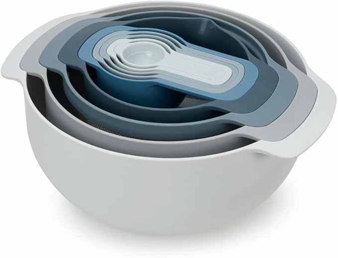Joseph Joseph Nest 9 Piece Compact Food Preparation Set with Mixing Bowls, Measuring cups, Sieve and Colander, Space Saving, Blue