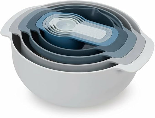 Joseph Joseph Nest 9 Piece Compact Food Preparation Set with Mixing Bowls, Measuring cups, Sieve and Colander, Space Saving, Blue