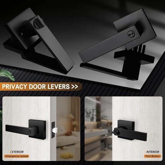 Probrico 5 Pack| Square Privay Levers for Bed and Bath in Matte Black Finish, Heavy Duty Interior Locksets Keyless Leversets, Reversible for Right & Left Sided Doors