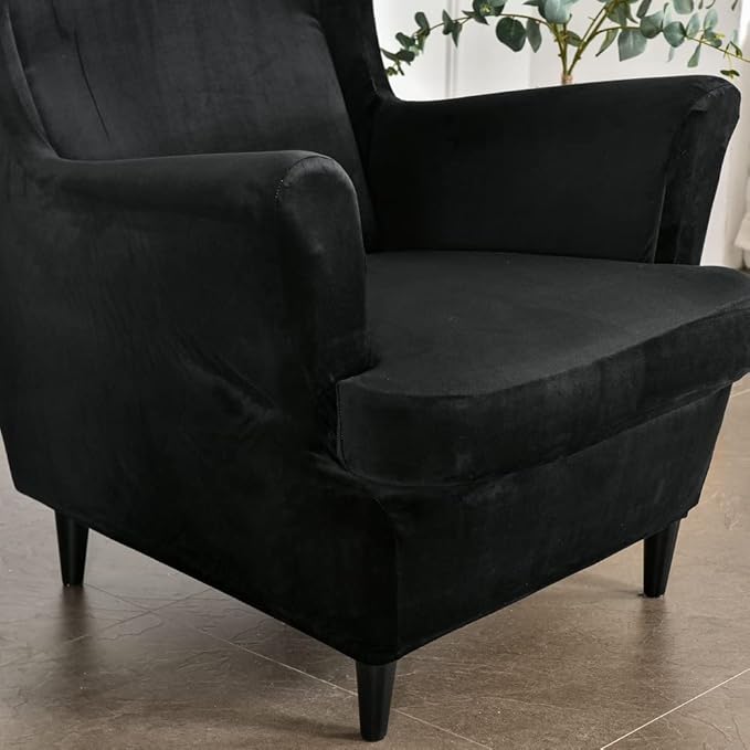 OBCREAT Wingback Chair Covers,2 Piece Stretch Velvet Wingback Chair Slipcover Soft Wing Chair Sofa Covers with Elastic Bottom,Armchair Couch Cover Furniture Protector for Living Room (Black)