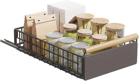 Pull Out Cabinet Sliding Basket, Under Sink Mesh Drawer Organizer with Handle, Metal Kitchen Bathroom Organization Shelf, Countertop Pantry Storage Shelves with Adhesive Nano Tape (Gray, S)