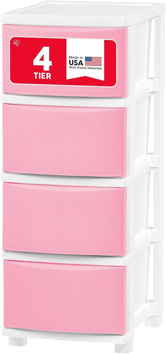 IRIS USA Plastic Drawer Storage Organizer, 4-Drawers, for Classroom Art Supplies Bathroom Dorm Bedroom Laundry Room, Slim Narrow, White Frame with Matte Pink Front Panels