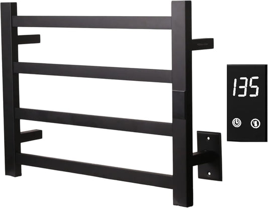 Electric Towel Warmer | Super Thin | with Timer & Temperature Multi-Level Adjustments | Hardwired & Plug-in | 4 Bar Matte Black Finish