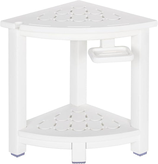 NALONE Corner Shower Stool, HDPE Shower Bench for Inside Shower, Small Shower Chair Seat for Shaving Legs with Storage Shelf, Soap Box and No-Slip Feet (White)