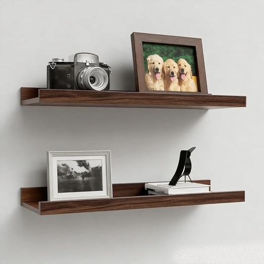 Floating Shelves Set of 2, Farmhouse Wall Shelves with Lip, Display Picture Ledge Shelf for Bedroom, Living Room, Bathroom, Kitchen - Walnut