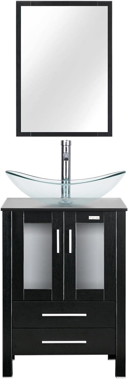 eclife 24" Modern Bathroom Vanity Sink Combo Freestanding Cabinet with Soft Closing Door, Clear Boat Glass Vessel Sink, Water Save Faucet, Drain (Black+A29TT)