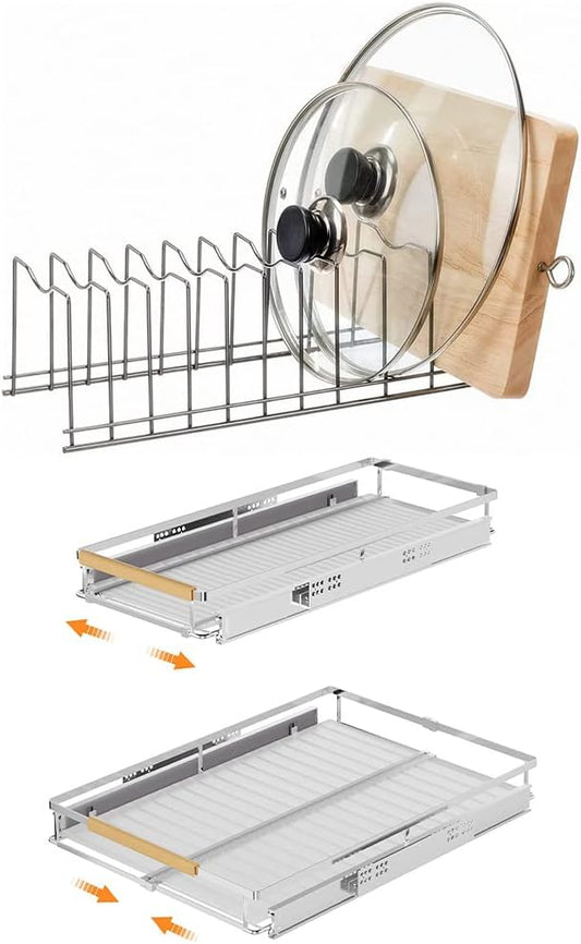 SANNO Pot Lid Organizer Pot Lid holder, Pots and Pans Organizer Drawer Plate Organizer Expandable Pull Out Cabinet Organizer Kitchen Sliding Shelf Under Sink Shelf