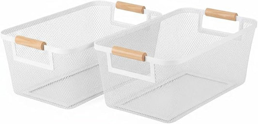 2-Pack Metal Mesh Basket, Medium Wire Storage Organizer with Wood Handle for Kitchen Pantry, Bathroom, Cabinet, Closet, Picnic & Home Organization , Medium, White