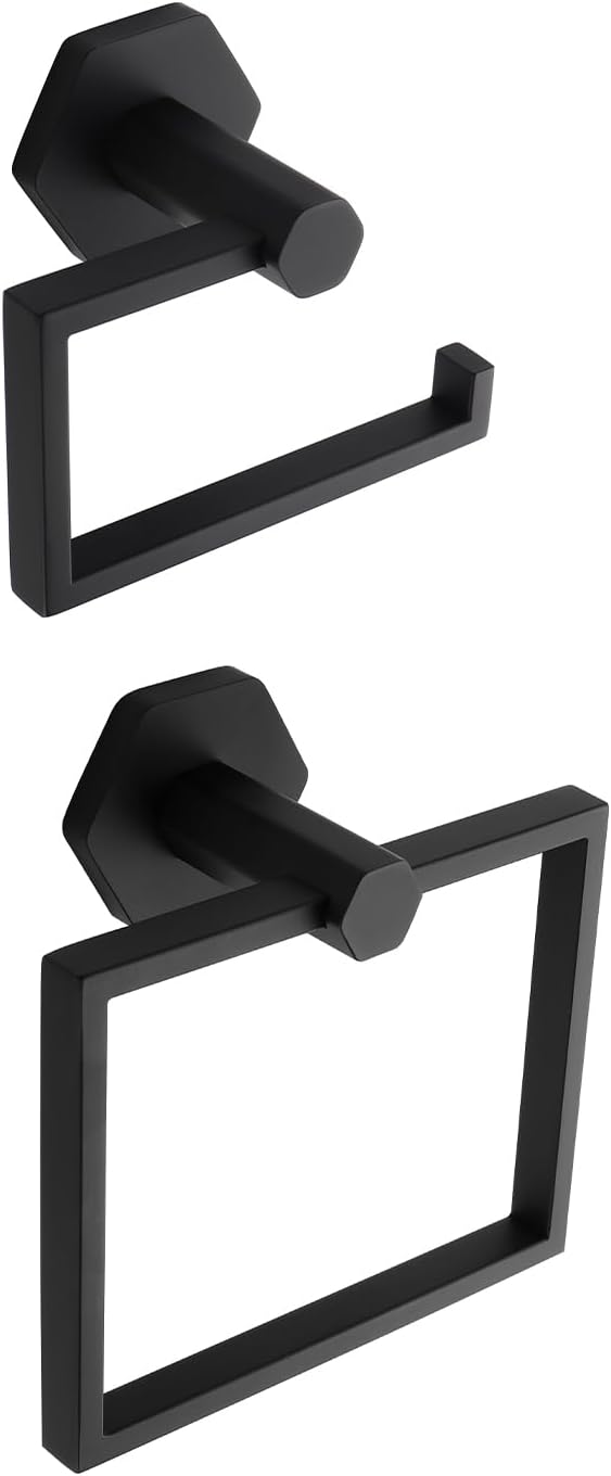 GERZWY Bathroom 2-Piece Accessory Set SUS 304 Stainless Steel Toilet Paper Holder Towel Ring Wall Mount, Matte Black