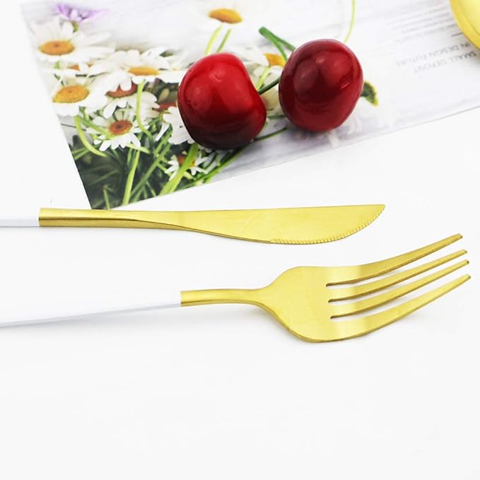 JASHII Matte Silverware Set, 24-Piece Stainless Steel Flatware Cutlery Set for 6, Ideal for Home Wedding Festival Party, Dishwasher Safe (White Handle Gold)