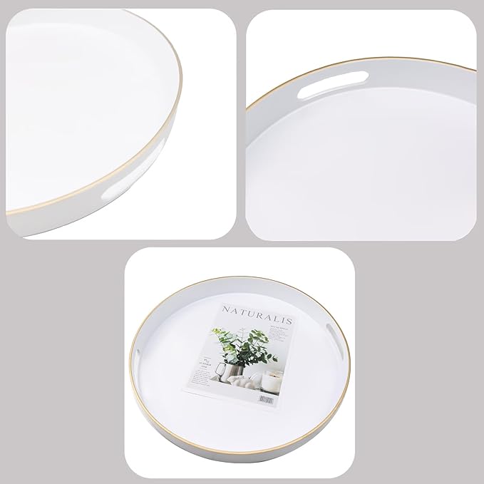 White Round Decorative Tray 13" - Versatile Serving Tray with Handles
