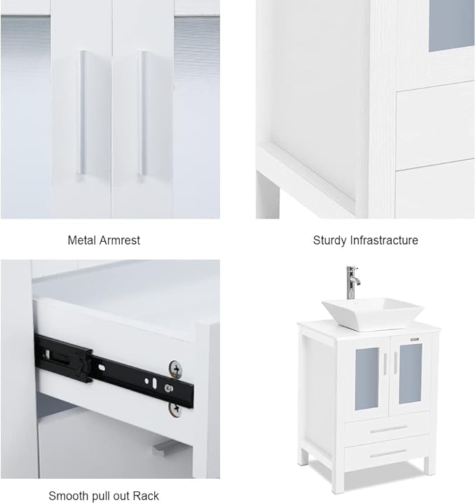 eclife 72" Modern Bathroom Vanity Sink Combo Freestanding Cabinet with Small Side Cabinet, White Square Ceramic Vessel Sink, Water Save Faucet, Drain (White+A07)