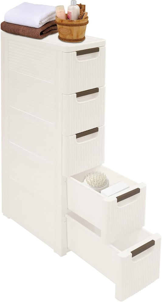 Narrow Plastic Storage Cart with 4 Drawers, Slim Rolling Organizer on Wheels, Mobile Utility Cart for Bathroom, Kitchen, Laundry Room, Bedroom & Office (5-Tier)