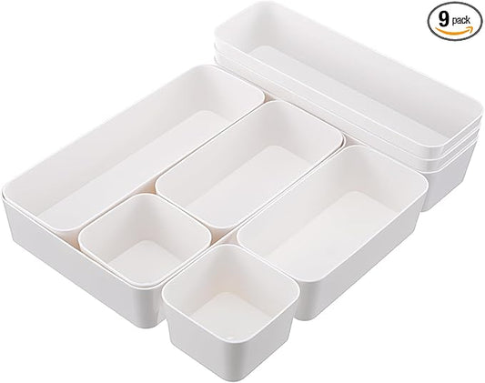 9 Pcs Stackable Drawer Organizer Set, Plastic Storage Trays and Dividers In 4 Sizes for Vanity, Bathroom, Kitchen, Office Desk and Dresser Drawers, Off White