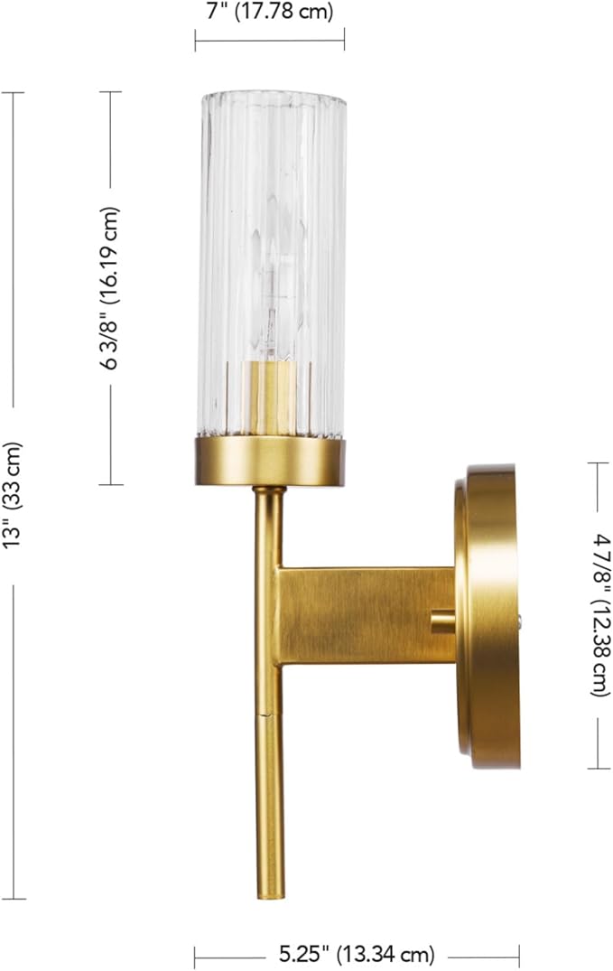 Globe Electric 1-Light Wall Sconce, Matte Brass, Ribbed Clear Glass Shade, E12 Candelabra, Dimmable, 65000103