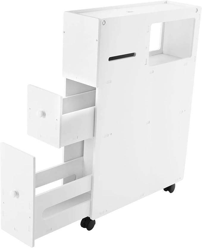 Xuthusman Slim Bathroom Floor Cabinet Toilet Storage Organizer W/Shelf Free Standing Cabinet with Slide Out 2 Drawer and Wheels White