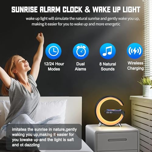 Smart LED Table Lamp, 4-in-1 Wireless Charger, Night Light, Alarm Clock, Bluetooth Speaker with App Control, Bedside Lamp with Charging Station for Bedroom, Office, Home Decor, Tee - Image 4
