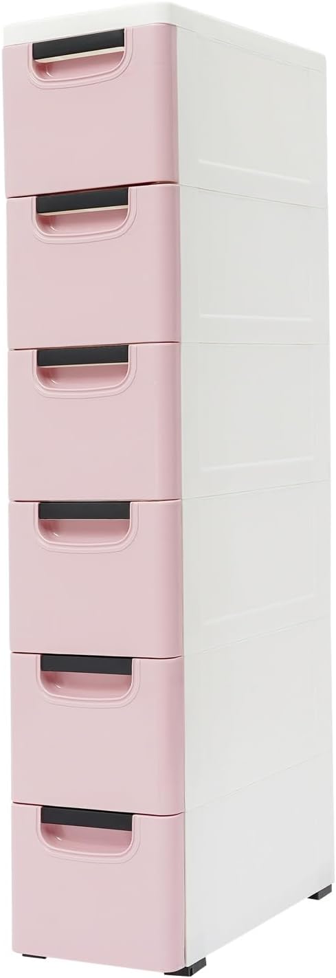 6 Drawers Narrow Slim Plastic Storage Cabinet,Storage Drawer with Wheels,6 Tier Drawers Dresser,Rolling Narrow Cabinet for Small Spaces Bathroom Kitchen Bedroom Living Room,Pink