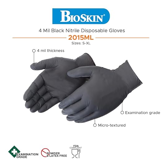 BioSkin Nitrile Exam Grade Disposable Gloves, 4 Mil - Large | Powder-Free, Chemical + Puncture Resistant, Textured | for Medical, Industrial, Janitorial, Food Service (Box of 100)