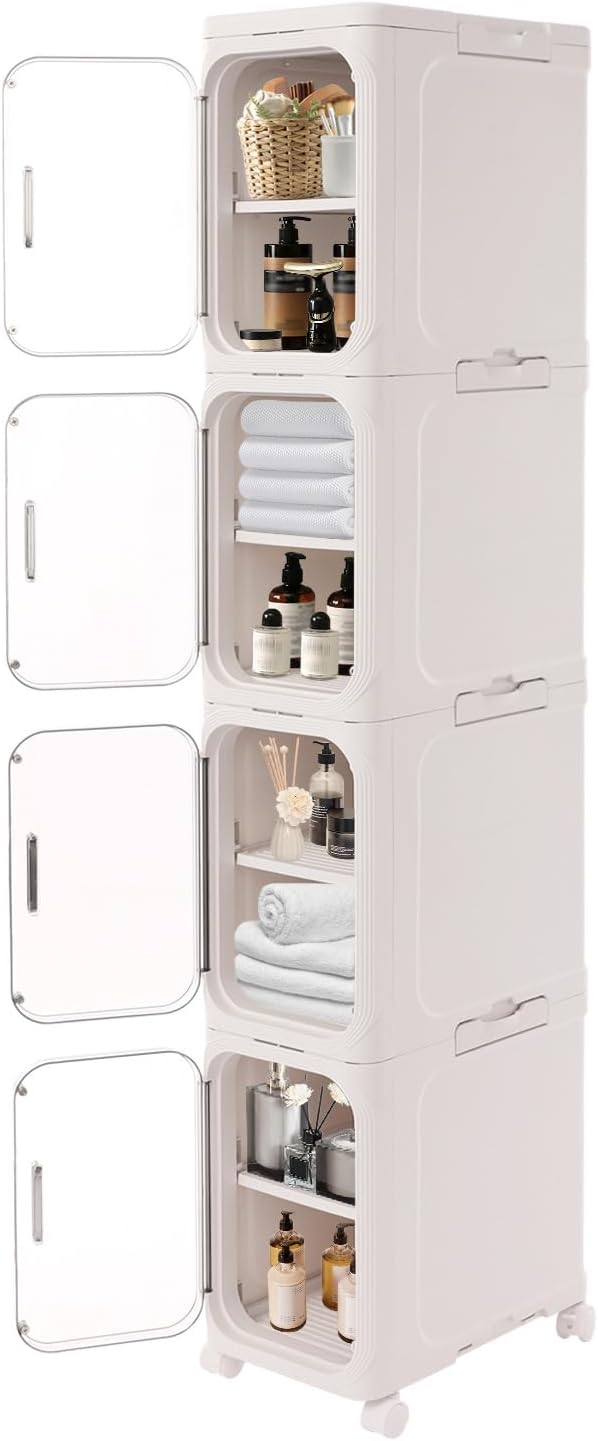 4-Tier Plastic Narrow Storage Cabinet with Movable Wheels & Doors, Tall Slim Bathroom Organizers and Storage Cabinet for Small Space, Bathroom, Kitchen, Laundry (White)