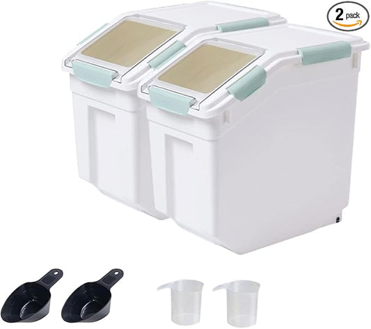 Airtight Flour Storage Container 25 lb Rice Storage Container with Wheels Seal Locking Lid, Food Containers with Measuring Cup& Scoop for Flour, Rice, Grain, Gray, 2Pack