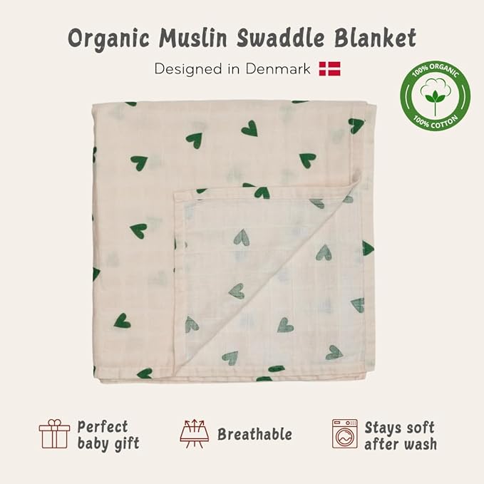 Baby Swaddle – Organic Cotton Muslin Baby Swaddles for Newborns 47” x 47” (Green Hearts)