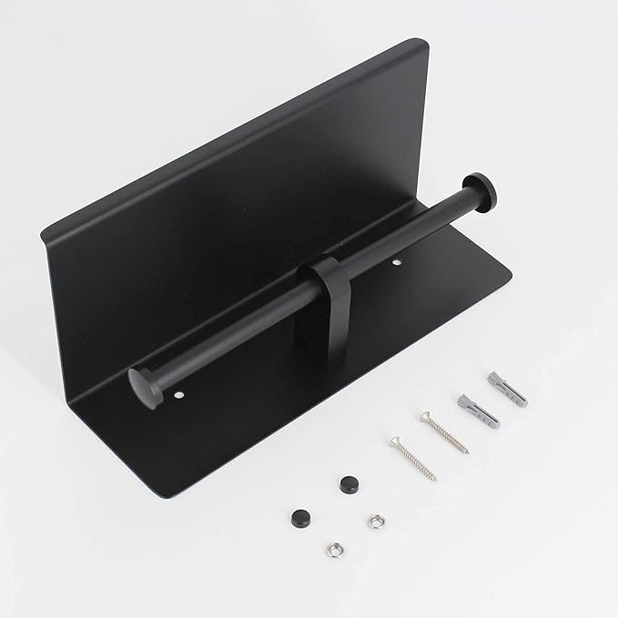 Double Toilet Paper Holder with Shelf Matte Black, Bathroom Accessories Decor SUS 304 Stainless Steel Modern Paper Towel Holder Plus Cell Phone Wall Storage
