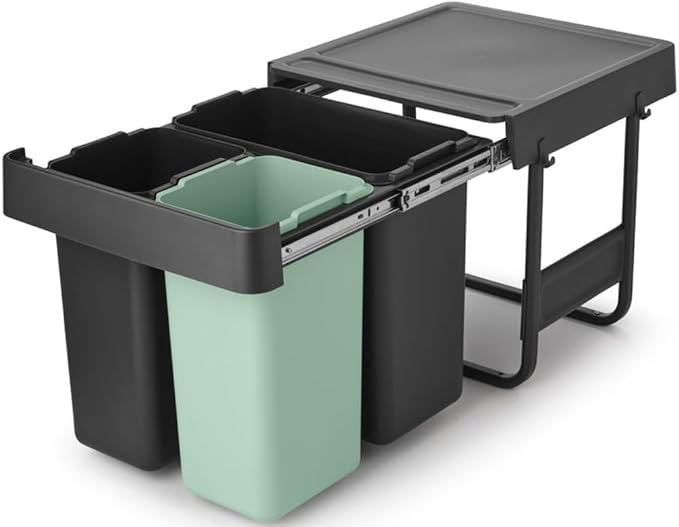 Brabantia Sort & Go Pull Out Trash Can | 4 + 4 + 5.3 Gal Built-in Under Kitchen Sink Cabinet Garbage Can | Integrated Triple Sliding Recycling Unit, Smooth Rails, Removable Buckets | Gray & Green