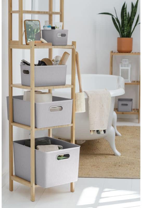 Decorative Plastic Basket Lidded Home Storage Bins Organizer, X-Large White Smoke (1 Pack - 22 Liter) Stackable Container Box, for Organizing Closet Storage Bins for Shelves - Ribbed Collection
