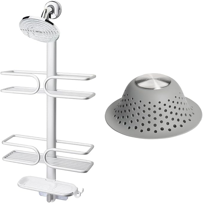 OXO Good Grips Aluminum Shower Caddy and Silicone Tub Drain Protector