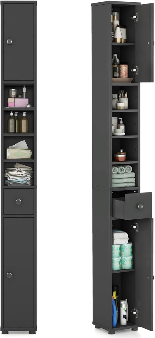 SIMOE Slim Bathroom Tall Cabinet, Freestanding Floor Storage Organizer with 2 Doors, 1 Drawer & 5 Adjustable Shelves, Narrow Linen Tower for Small Spaces, Wood Fiber Board Material, Bathroom Organizer