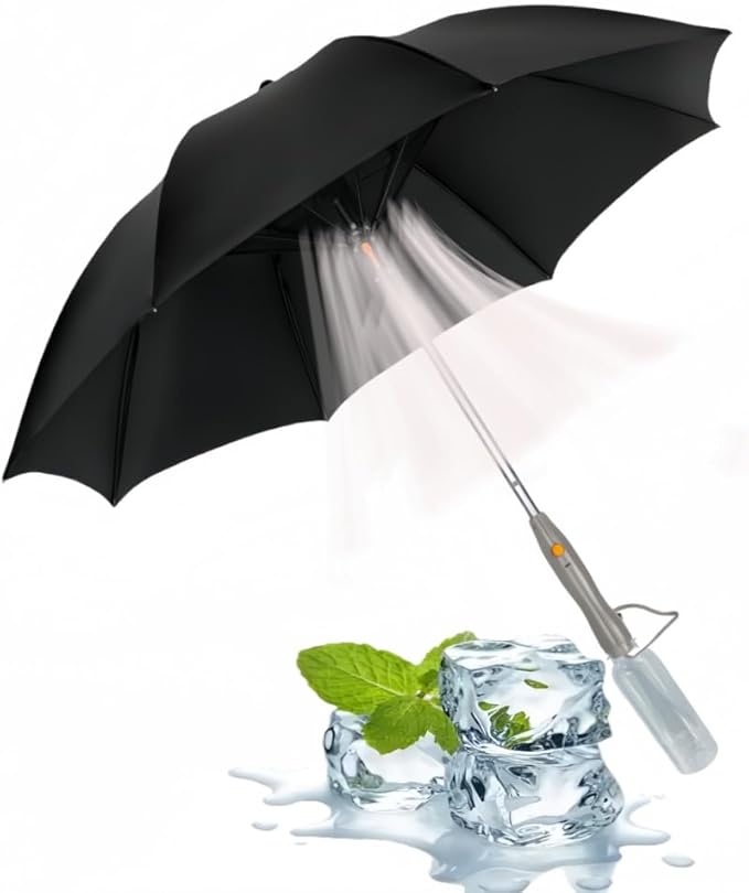 Umbrella with Fan & Mist Spray - Rechargeable UV Protective Cooling Umbrella for Patio, Beach, Travel — Portable Misting System & Detachable Water Bottle Included
