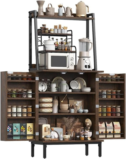 51" Pantry Cabinet, Kitchen Pantry Storage Cabinet with, Storage Shelves, Modern Kitchen Hutch with Microwave Stand, Adjustable Shelves, Food Pantry Cabinet for Dining Room (Brown)
