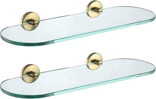 JQK Bathroom Glass Shelf Gold, Tempered Glass Shower Storage 16 by 5 inches, 304 Stainless Steel Brushed Gold Wall Mount 2 Pack, TGS121L16-BG-P2