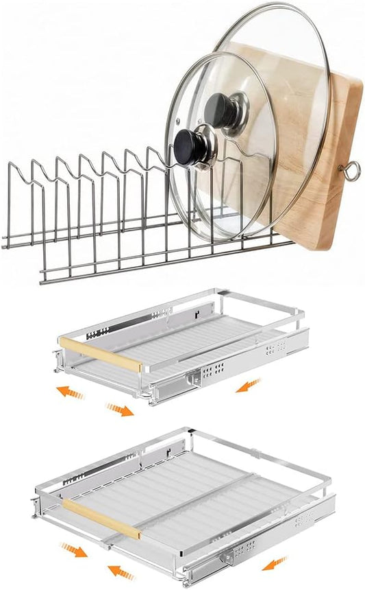 SANNO Pot Lid Organizer Pot Lid holder, Pots and Pans Organizer Drawer Plate Organizer Expandable Pull Out Cabinet Shelf, Heavy Duty Under Sink Slide Out Cabinet Organizer