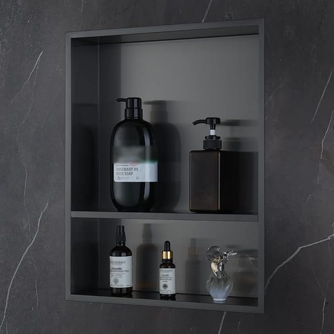 Shower Niche, 16"x20" No Tile Needed, The Insert Storage Rectangle Double Shower Shelf is Easy to Install, Stainless Steel, Black Grey