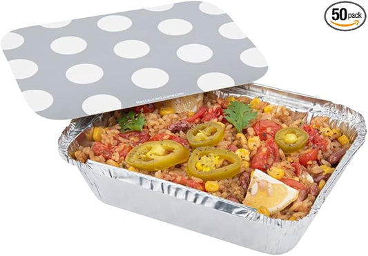 Restaurantware 16 Ounce Disposable Takeout Containers 50 Rectangle Food Containers - With Polka Dot Lids Silver Takeaway Containers Aluminum Delivery Containers Freezable