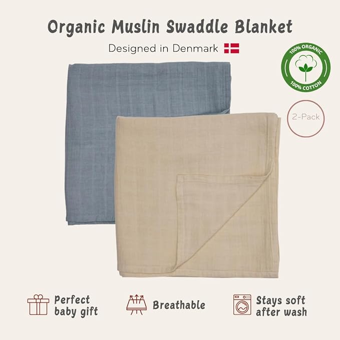 Baby Swaddle – Organic Cotton Muslin Baby Swaddles for Newborns 47” x 47” 2-Pack (Fog/Tradewinds)