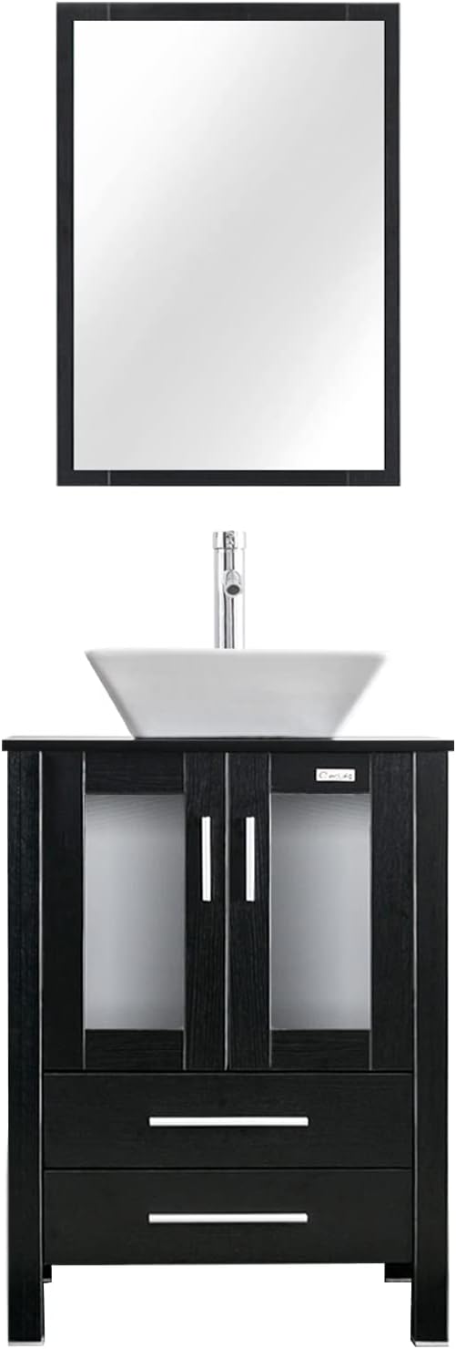 eclife 24" Modern Bathroom Vanity Sink Combo Freestanding Cabinet with Soft Closing Door, White Square Ceramic Vessel Sink, Water Save Faucet, Drain (Black+A07)