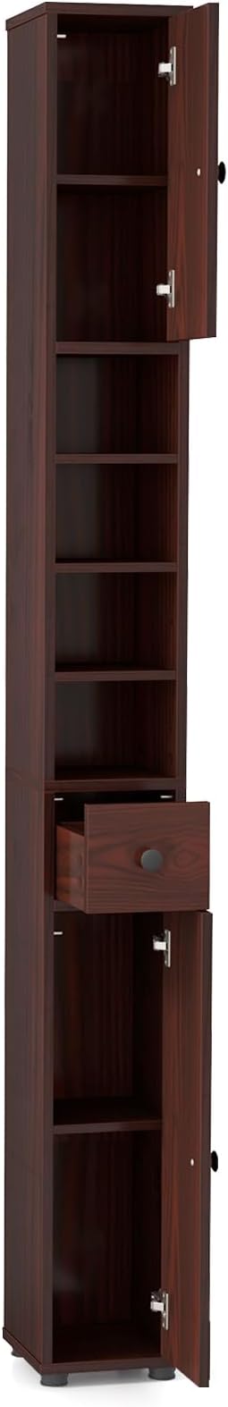 Giantex Slim Bathroom Storage Cabinet - Tall Narrow Floor Cabinet Cupboard with 2 Doors, 5 Adjustable Shelves, Drawer, Anti-Tipping Device, Thin Linen Tower Cabinet for Living Room, Reddish Brown