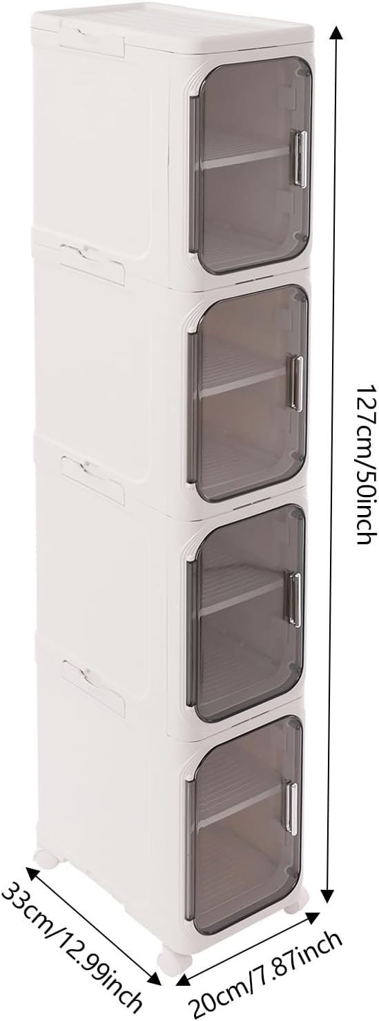 4-Tier Plastic Narrow Storage Cabinet with Movable Wheels & Doors, Tall Slim Bathroom Organizers and Storage Cabinet for Small Space, Bathroom, Kitchen, Laundry (White)