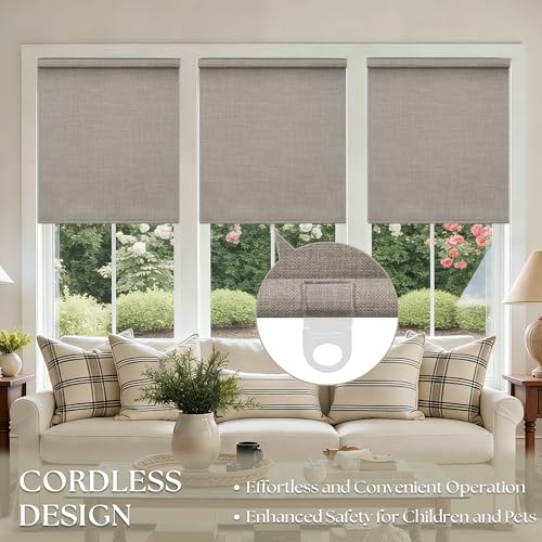 Black Out Shades Cordless Blinds for Bedroom Windows Free-Stop Thermal Insulated 100% Blackout Linen Roller Shades Blinds for Bedroom Living Dining Room, Greyish Beige Burlywood Bi