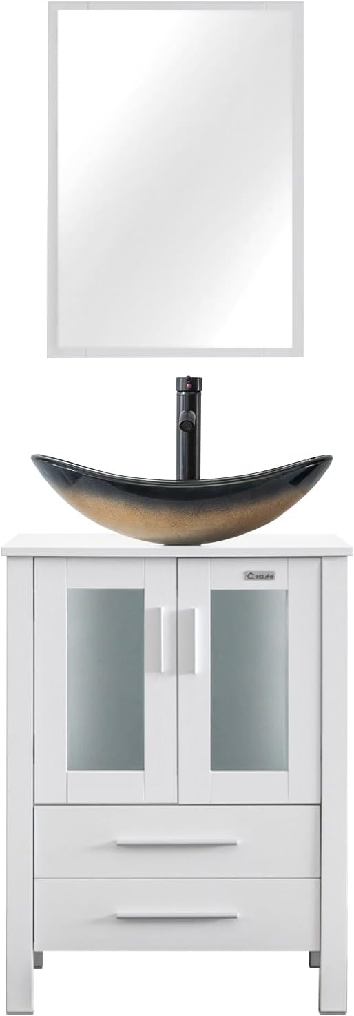 eclife 24" Modern Bathroom Vanity Sink Combo Freestanding Cabinet with Soft Closing Door, Champagne Boat Glass Vessel Sink, Water Save Faucet, Drain (White+A29CH)