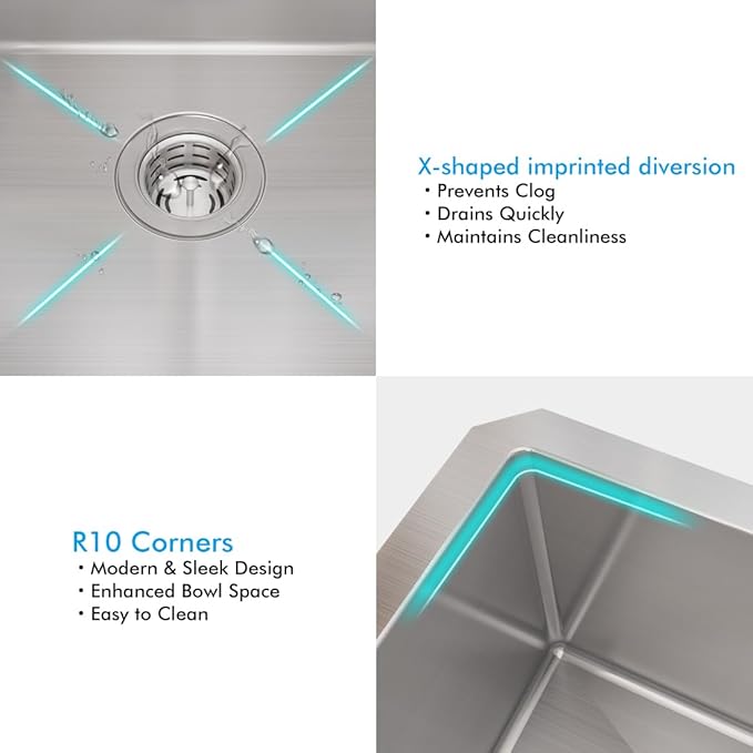 VADANIA Kitchen Bar Sink 22-inch, 22"x18"x10", Single Bowl, Undermount, 18 Gauge T304 Stainless Steel, Satin Finish, with Strainer & Bottom Grid, cUPC listed