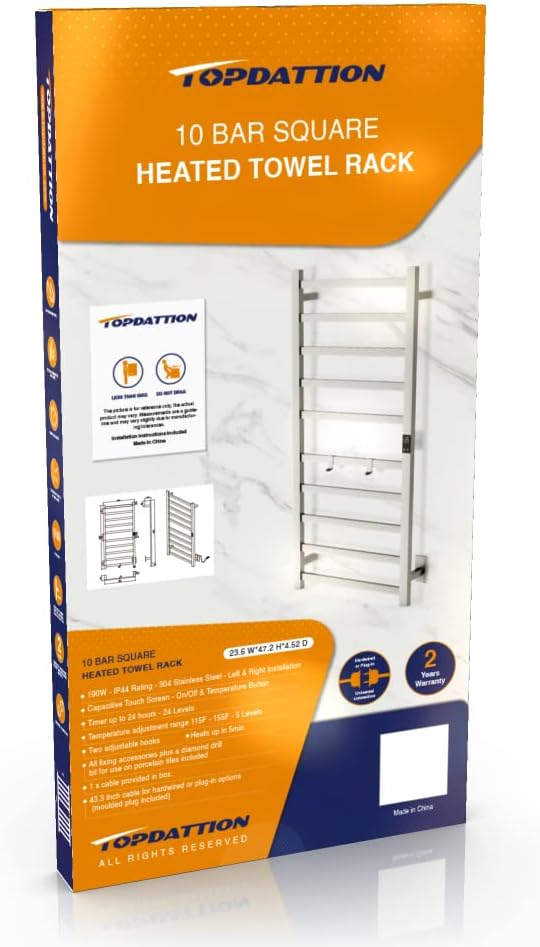 Electric Towel Warmer | Super Thin | with Timer & Temperature Multi-Level Adjustments | Hardwired & Plug-in | 10 Bar | Matte Black Finish