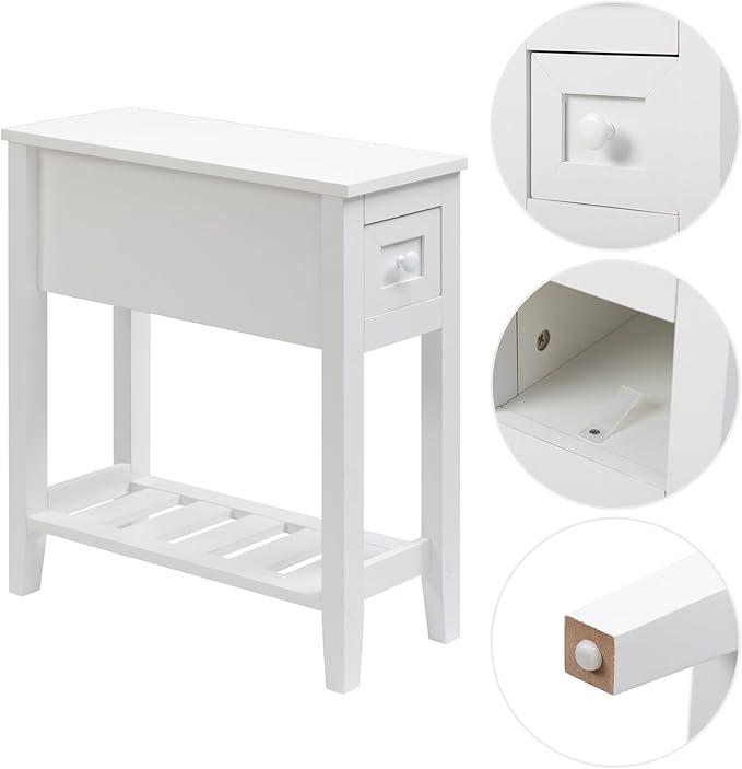 Narrow Side Table with Storage Drawer - White Slim Nightstand for Small Spaces